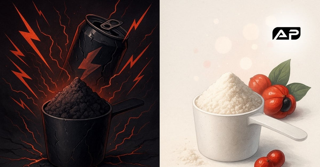 Side-by-side image of two pre-workout scoops—one dark with lightning bolts, one light with guarana berries.