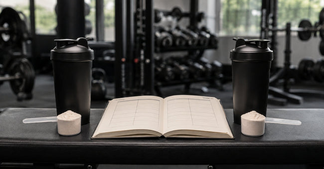Two black shaker bottles and a blank comparison notebook on a gym bench.