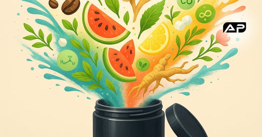 Open pre-workout jar with colorful natural ingredients like watermelon, lemon, coffee beans, herbs, roots, and green leaves bursting upward, symbolizing clean, holistic supplementation and plant-powered energy.
