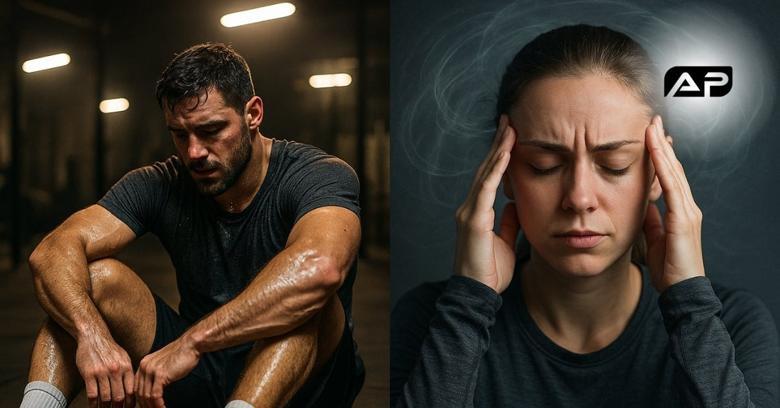 Split-screen image showing a sweaty, exhausted man in a gym (physical fatigue) on the left, and a woman with her hands on her temples, looking mentally fatigued (mental fatigue) on the right.