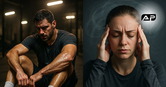 Split-screen image showing a sweaty, exhausted man in a gym (physical fatigue) on the left, and a woman with her hands on her temples, looking mentally fatigued (mental fatigue) on the right.