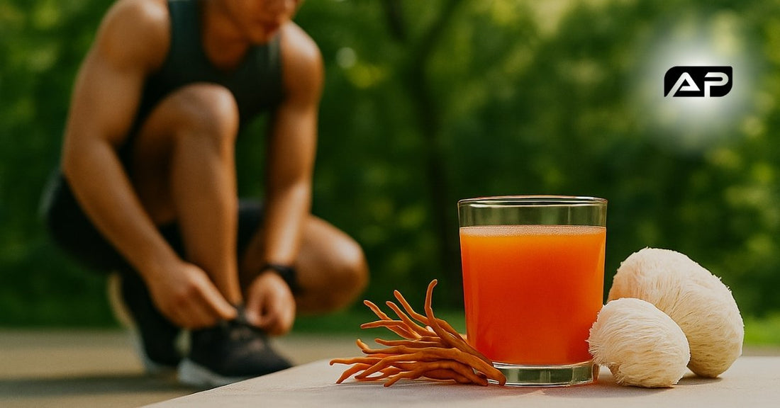 Glass of orange pre-workout drink with Cordyceps and Lion’s Mane mushrooms in the foreground; athlete tying shoes in the background; AP Labs logo.