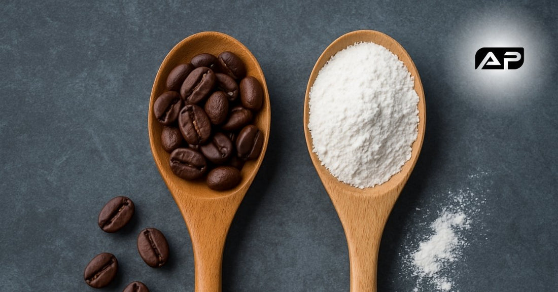 Two wooden spoons on a dark textured surface—one filled with roasted coffee beans, the other with white caffeine powder—visually contrasting natural vs synthetic caffeine.