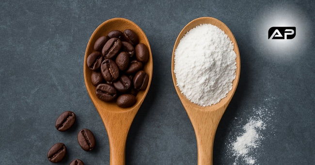 Two wooden spoons on a dark textured surface—one filled with roasted coffee beans, the other with white caffeine powder—visually contrasting natural vs synthetic caffeine.