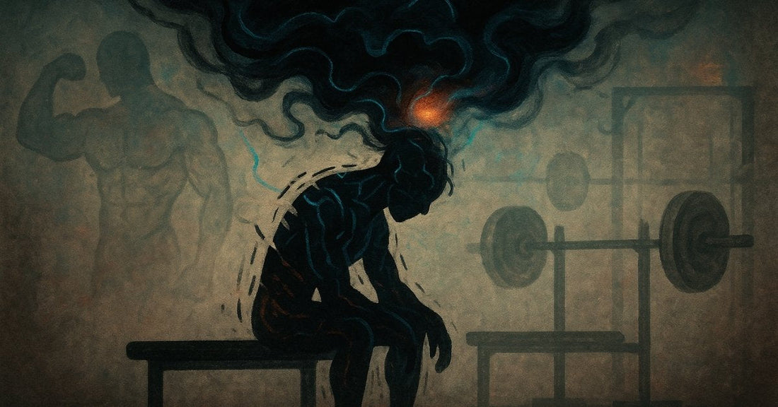 Artsy blog cover illustration of a figure in gym clothes kneeling with their head down, surrounded by swirling lines and dark colors that symbolize stress, with gym equipment in the background.