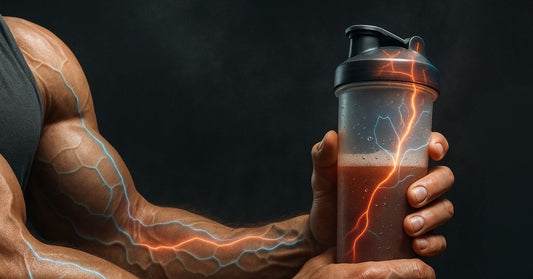 Muscular arm with glowing veins holding a shaker bottle of red nitric oxide pre-workout, symbolizing increased blood flow and muscle pump.