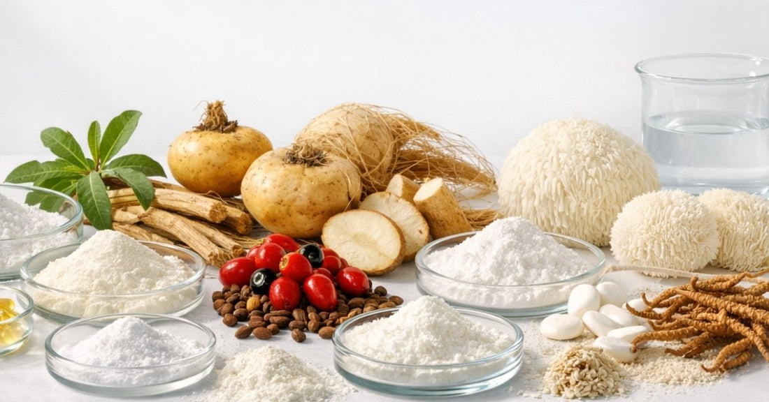 A clean, minimalist display of natural pre-workout ingredients including fresh roots, mushrooms, berries, glass dishes of powders, and a glass of water on a white background.