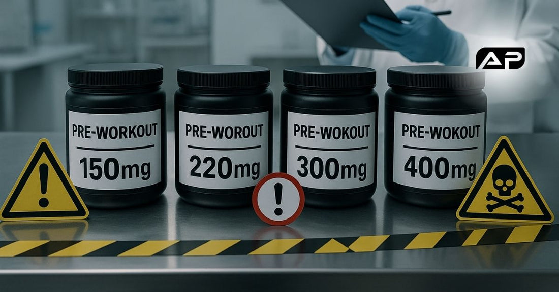 Four containers labeled 'Pre-Workout' with different caffeine dosages, surrounded by warning signs, on a metallic surface.