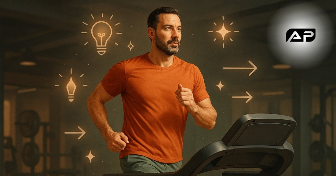 A man runs on a treadmill in a gym, with glowing focus icons around him and an AP logo in the corner.
