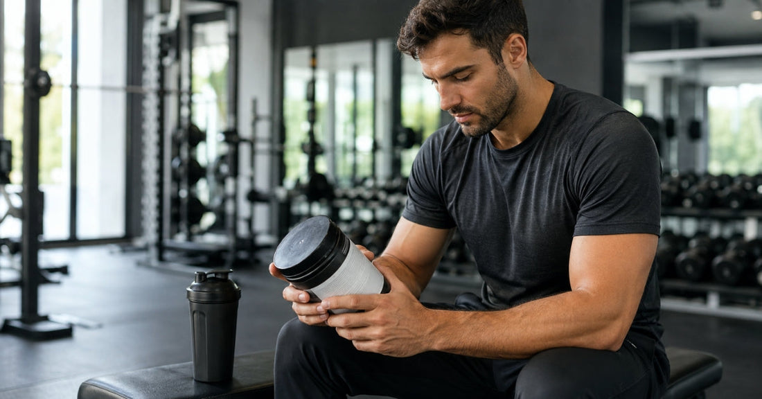 An adult reading a supplement label beside an unbranded shaker bottle.