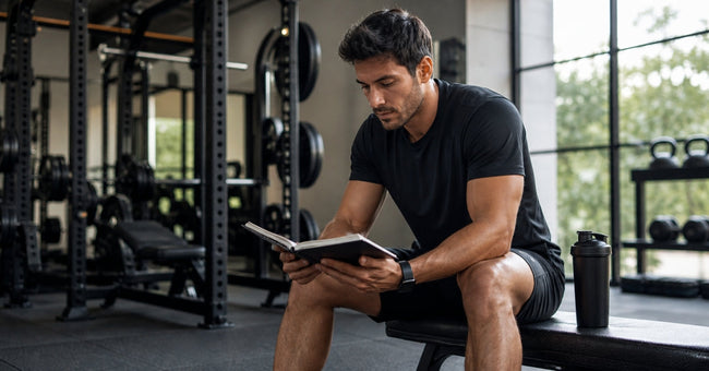 Athlete reviewing a training notebook beside a shaker before a focused gym session