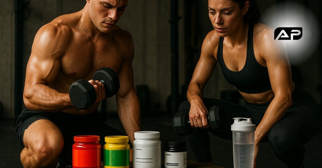Muscular man and woman with fitness equipment and supplements in a dark setting
