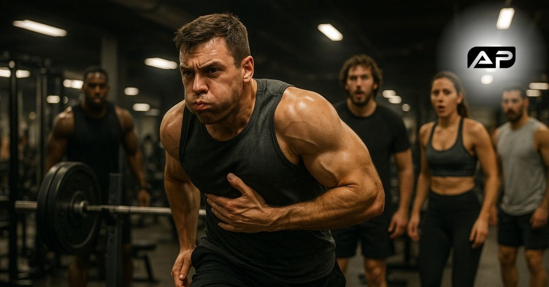 A muscular man in a gym, rushing away from a bench press while clutching his stomach and puffing out his cheeks as if trying not to vomit, with several surprised gym-goers watching in the background.