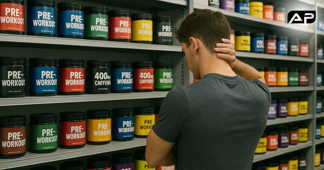 Confused athletic shopper in supplement store aisle surrounded by colorful pre-workout tubs with bold caffeine claims.