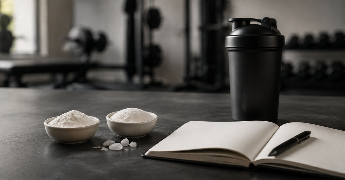 Two bowls of powder beside a black shaker and blank notebook.