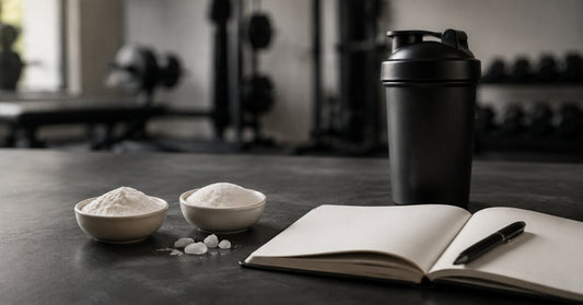 Two bowls of powder beside a black shaker and blank notebook.