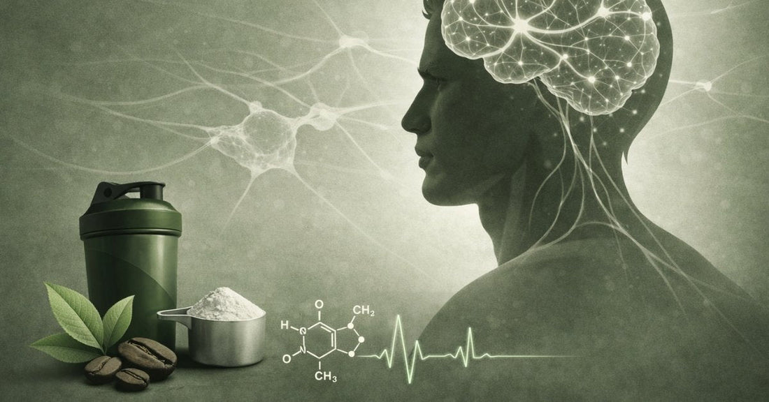 Illustration of a human profile with a glowing brain, neural pathways, and pre-workout elements like a shaker bottle, powder scoop, and caffeine molecule, symbolizing the science of stimulant tolerance.