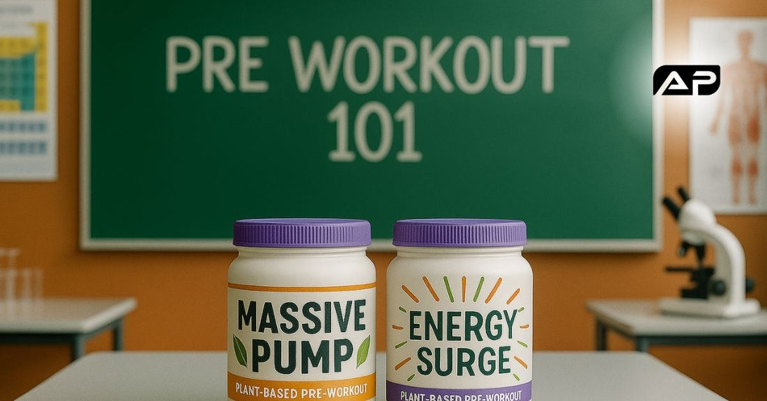 Two generic pre workout supplement tubs on a desk in front of a chalkboard that says "Pre Workout 101".