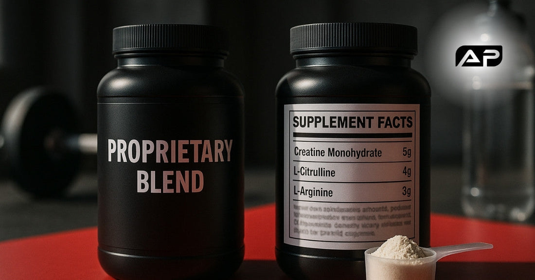Two supplement containers side by side: one labeled “Proprietary Blend” and the other showing a full ingredient list, with a scoop of powder and gym equipment in the background.