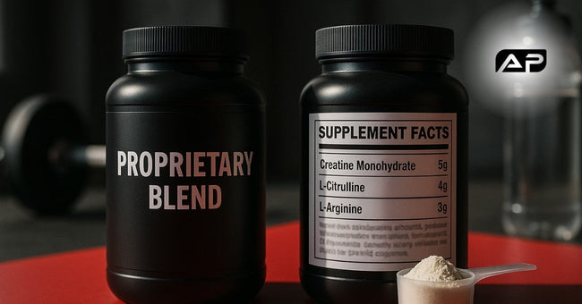Two supplement containers side by side: one labeled “Proprietary Blend” and the other showing a full ingredient list, with a scoop of powder and gym equipment in the background.
