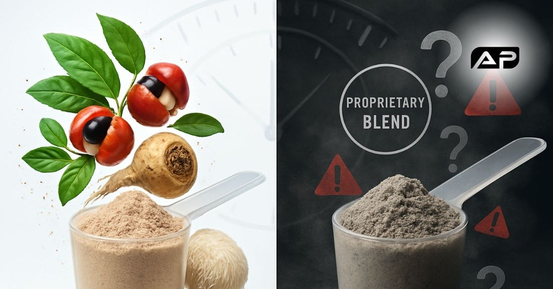 A split image of two pre-workout scoops—one clear with natural ingredients, the other cloudy with warning signs and question marks.