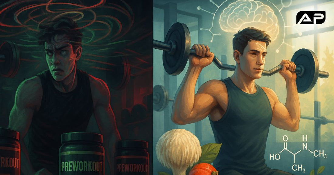 Split image of man on synthetic vs. natural pre-workout; dark chaos vs. clean focus with brain and plant elements. AP Labs logo in corner. 