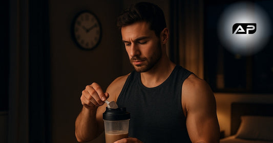 Man in a dark tank top preparing a shaker of pre-workout in a dimly lit room at night, with a clock and bed in the background.