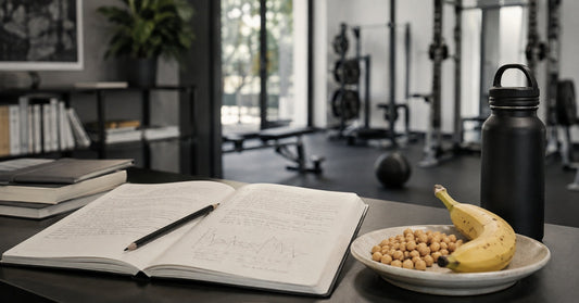 Chickpeas and a banana beside a notebook and water bottle.