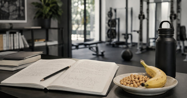 Chickpeas and a banana beside a notebook and water bottle.