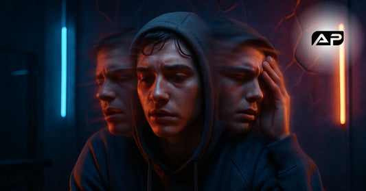 A young man in a hoodie sits in a dimly lit gym, looking mentally exhausted and overwhelmed, with blurred duplicates of his face on each side to symbolize mental fatigue.
