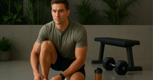 Fit male athlete tying his shoe in a minimalist gym with green plants, dumbbells, and a shaker bottle on the floor, captured in a clean, high-performance setting.