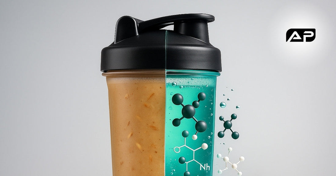 A shaker bottle split in half vertically; the left side is cloudy and brown, while the right side is clear and blue with floating molecular structures, symbolizing the contrast between hidden proprietary blends and transparent ingredients.