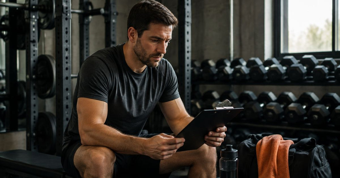 An athlete reviewing a clipboard beside a gym bag, water bottle and weight rack.