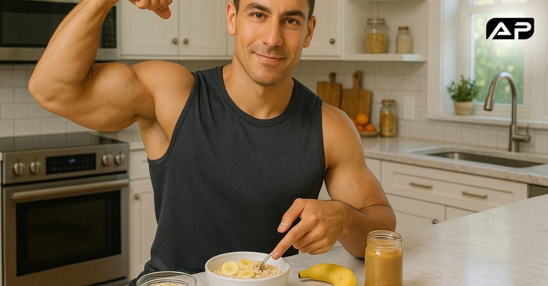 Fit man flexing and pointing at a bowl of oatmeal with banana slices in a kitchen.
