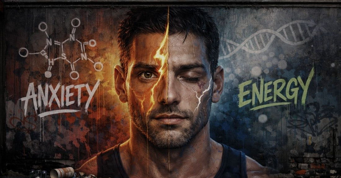 Illustration of a person split between anxious energy and calm, symbolizing caffeine sensitivity and different stimulant effects.