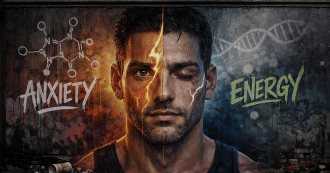 Illustration of a person split between anxious energy and calm, symbolizing caffeine sensitivity and different stimulant effects.