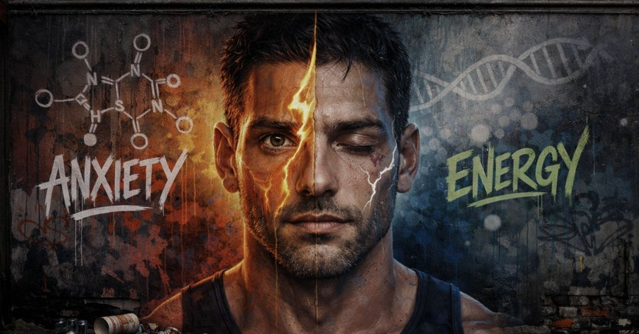 Illustration of a person split between anxious energy and calm, symbolizing caffeine sensitivity and different stimulant effects.
