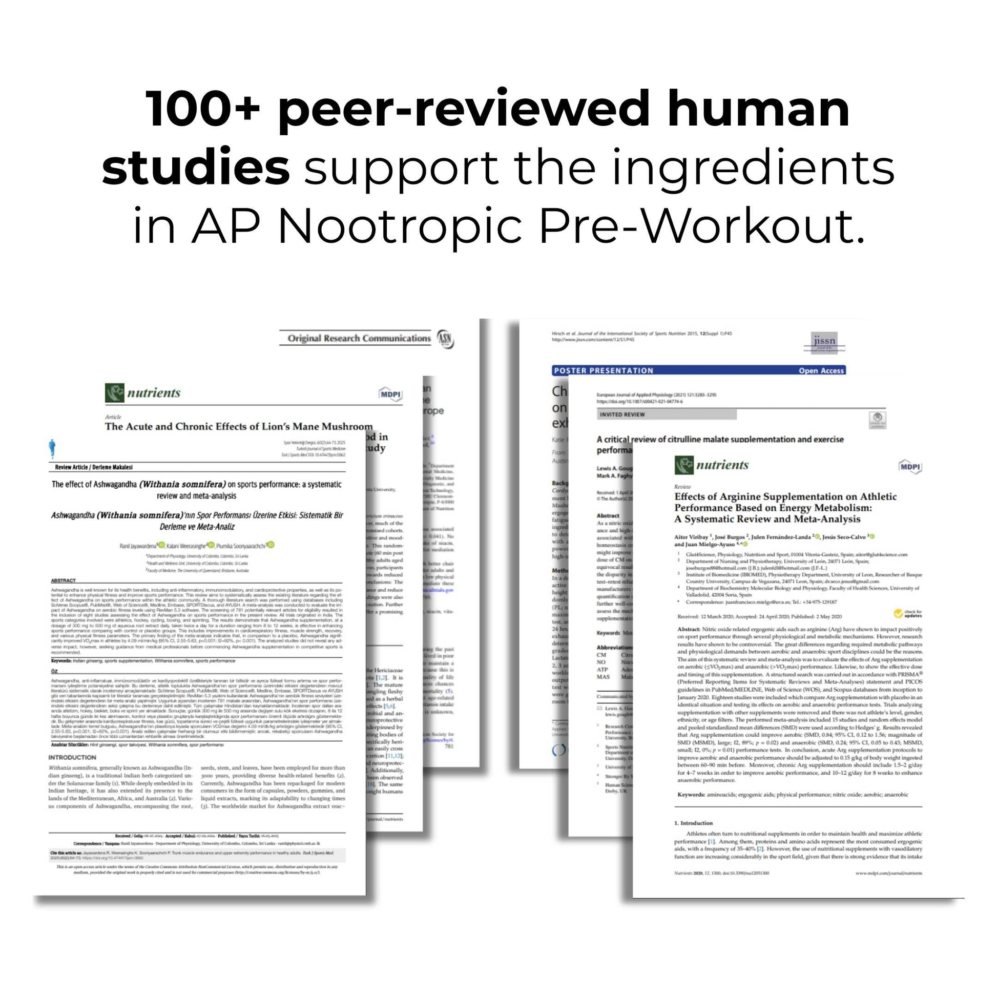 Multiple peer-reviewed scientific papers supporting AP Nootropic Pre-Workout ingredients on a white background.