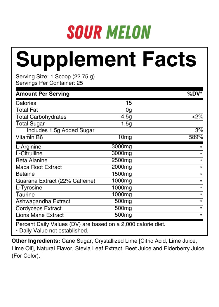 Supplement Facts label for AP Nootropic Pre Workout in Sour Melon flavor, listing ingredients, dosages, and nutrition details.