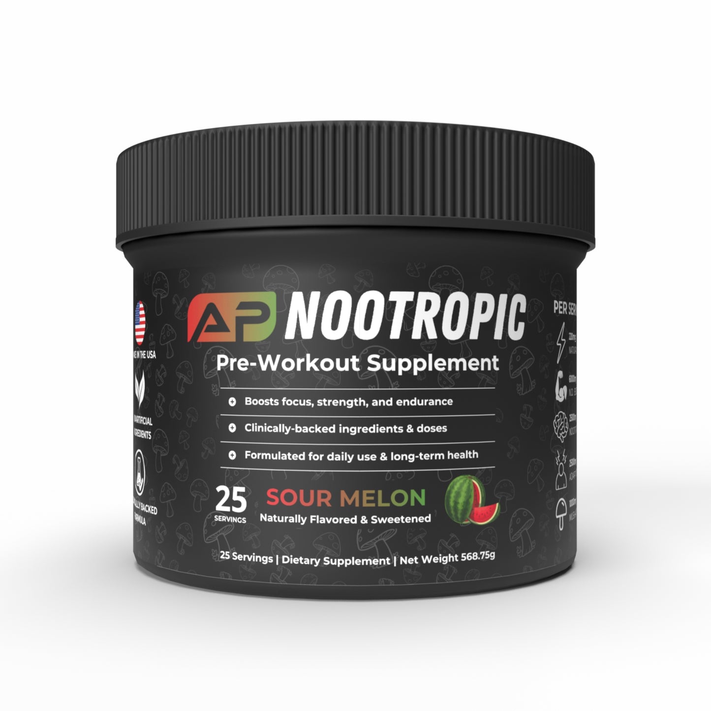 AP Nootropic Pre-Workout tub in Sour Melon flavor. Naturally flavored and sweetened, 25 servings, clinically-backed pre-workout supplement