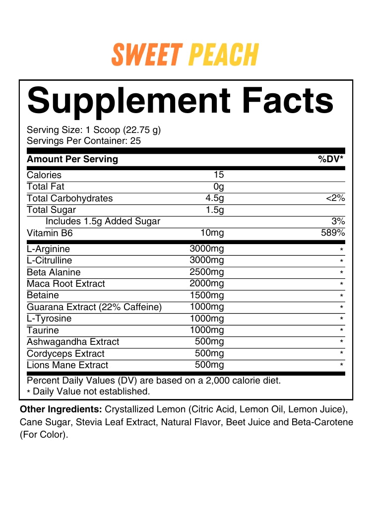 Supplement Facts label for AP Nootropic Pre Workout in Sweet Peach flavor, listing ingredients, dosages, and nutrition details.