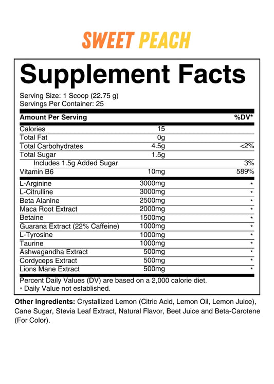 Supplement Facts label for AP Nootropic Pre Workout in Sweet Peach flavor, listing ingredients, dosages, and nutrition details.