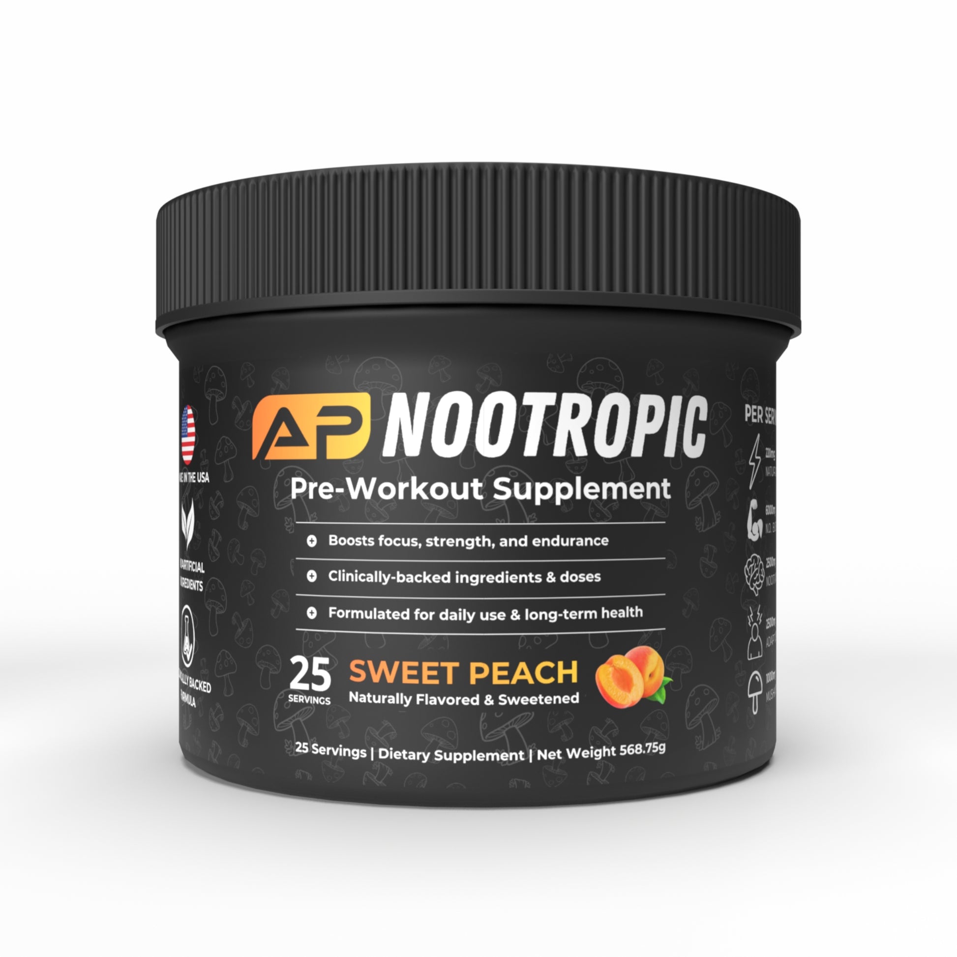AP Nootropic Pre-Workout tub in Sweet Peach flavor. Naturally flavored and sweetened, 25 servings, clinically-backed pre-workout supplement